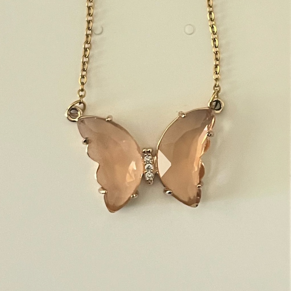 Peach Crystal Butterfly Pendant Necklace ✨ Gold Tone Chain | Fairycore - Picture 3 of 7